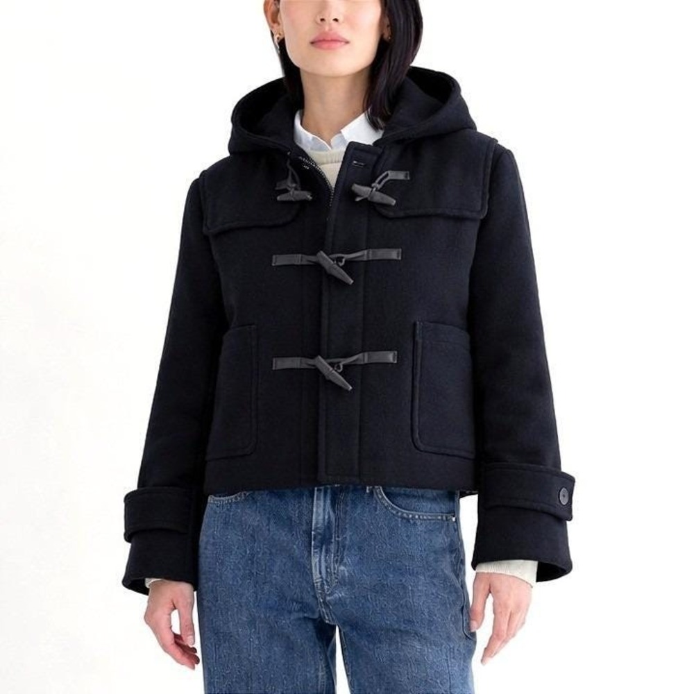 GU Wool Duffle Coat Women L Cropped Black Toggle Lined Hooded Heavyweight Japan - Picture 2 of 10